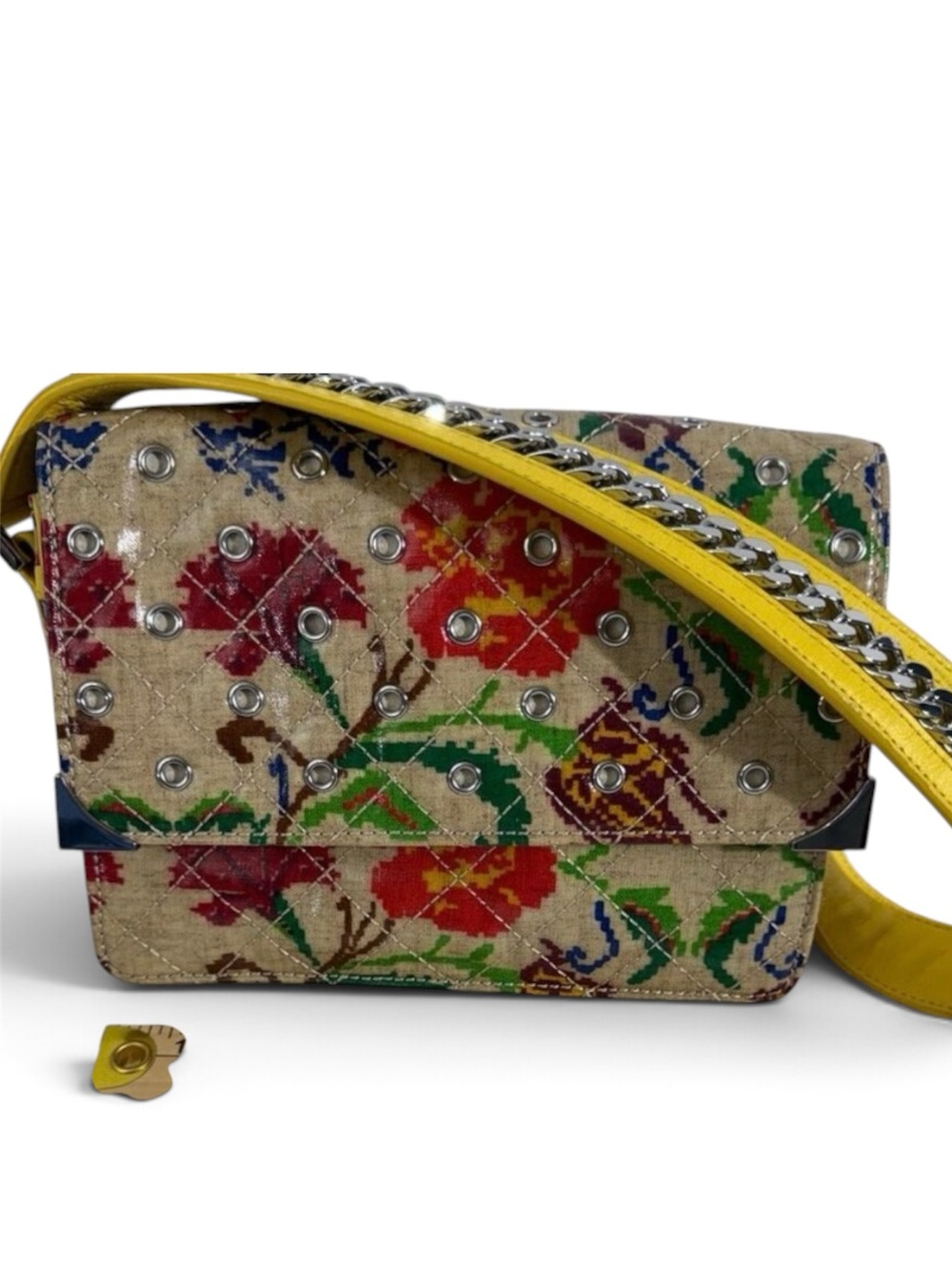 Vera Bradley Folkloric Fenwick Grommet Satchel with Yellow Strap